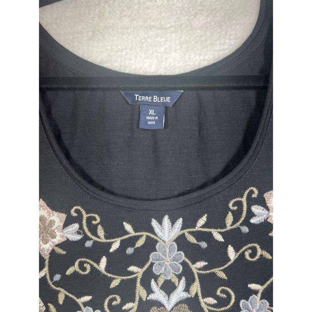 Terre Bleue Black Grey Floral Embroidery Boho Cotton Tunic Top Women XL * - Picture 6 of 9